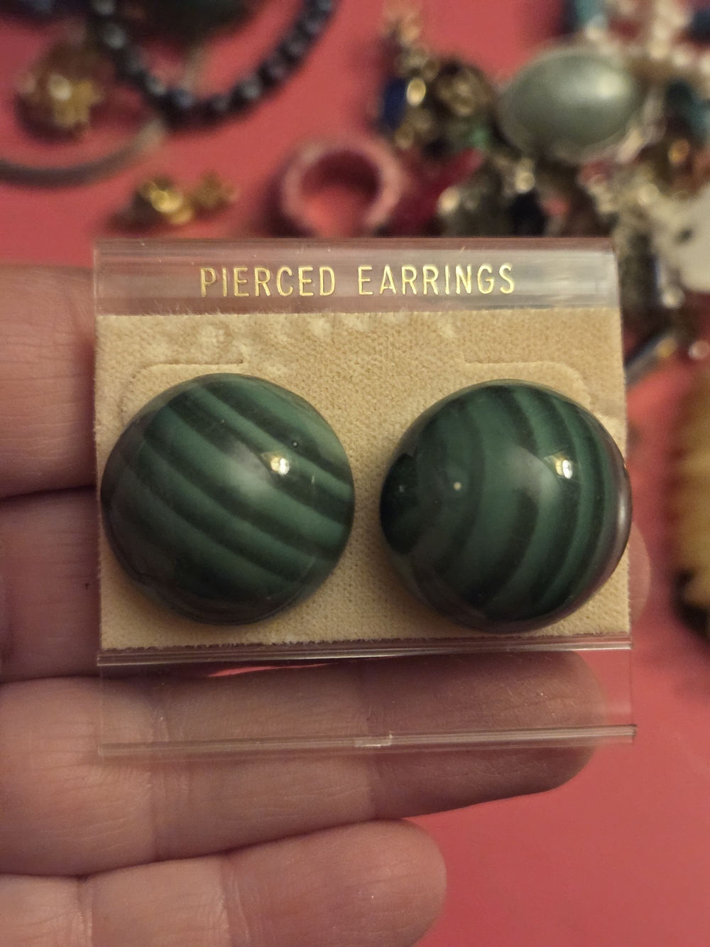 VINTAGE Green Striped Round Button Pierced Earrings
